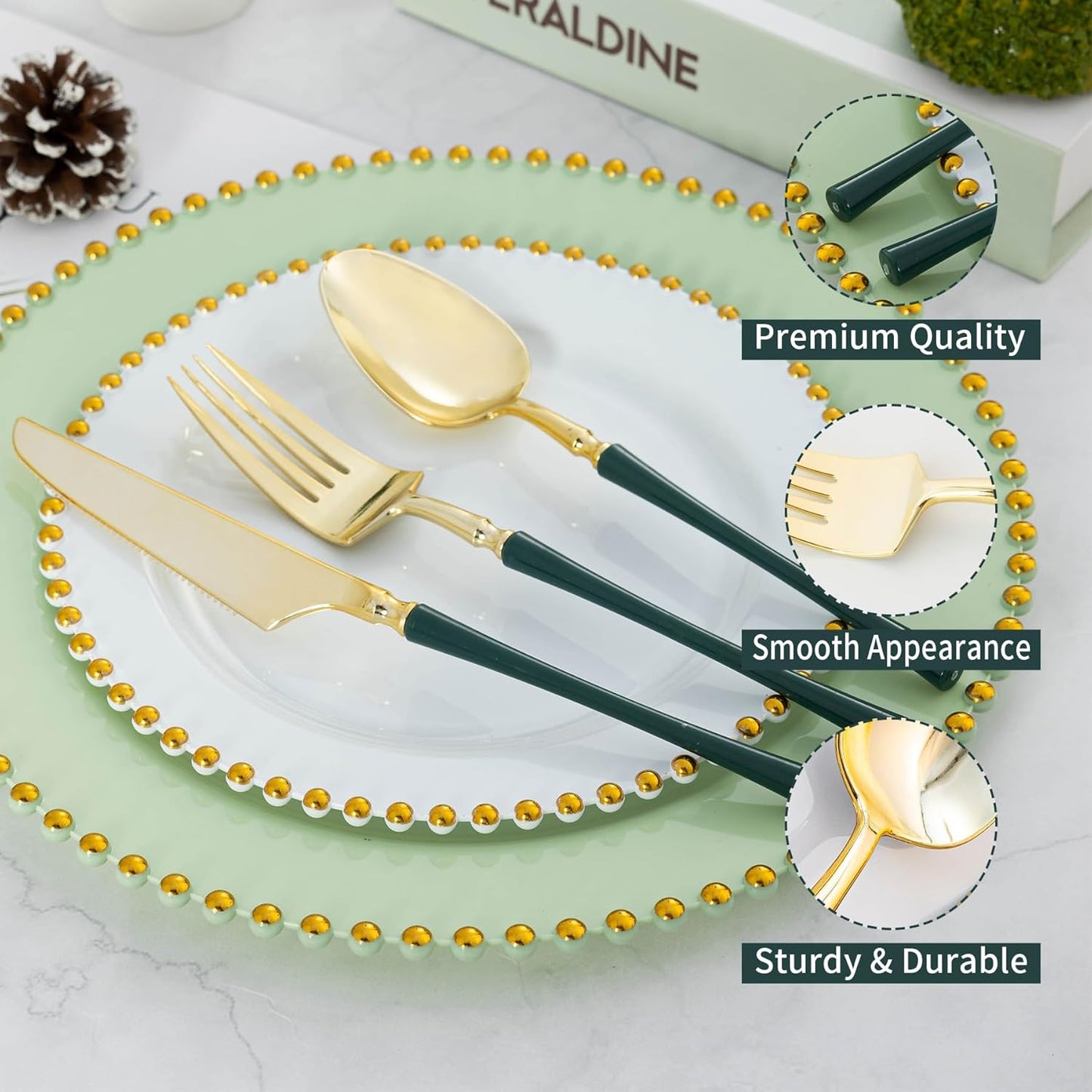 Gold Plastic Silverware, High End Disposable Cutlery with Dark Green Handle Include 50 Forks, 50 Spoons, 50 Knives, Elegant Silverware for Wedding, Party, Gathering and Daily Use