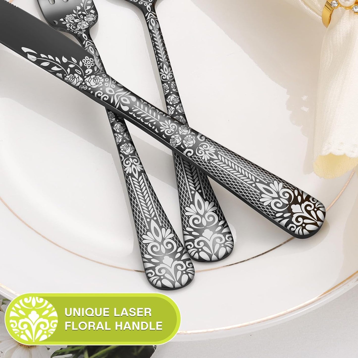 4 Pieces Black Cutlery Set for 4 People, Stainless Steel Knife and Fork Set with Laser Flower Pattern, Mirror Polished Flatware Set Ideal for Home Party Restaurant, Dishwasher Safe