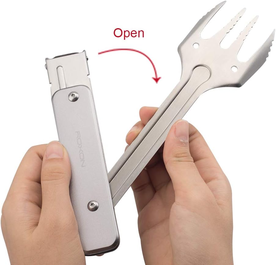 4 in 1 Mini Folding BBQ Barbecue Combo Tool Set with Spatula, Fork, Tongs and Bottle Opener for Hiking Camping (Grey)