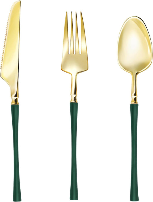 Gold Plastic Silverware, High End Disposable Cutlery with Dark Green Handle Include 50 Forks, 50 Spoons, 50 Knives, Elegant Silverware for Wedding, Party, Gathering and Daily Use