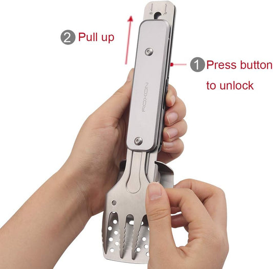 4 in 1 Mini Folding BBQ Barbecue Combo Tool Set with Spatula, Fork, Tongs and Bottle Opener for Hiking Camping (Grey)