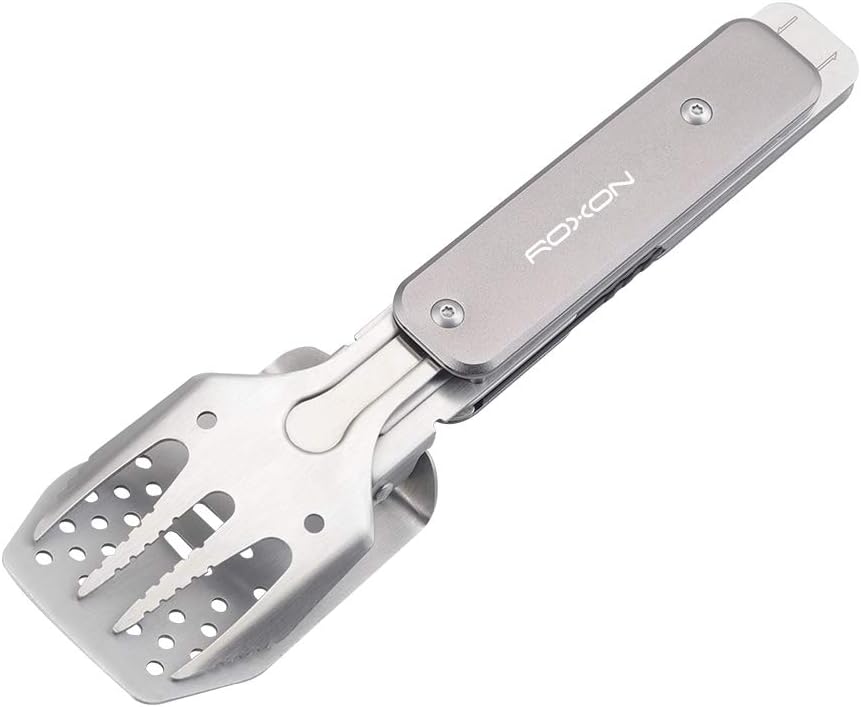4 in 1 Mini Folding BBQ Barbecue Combo Tool Set with Spatula, Fork, Tongs and Bottle Opener for Hiking Camping (Grey)