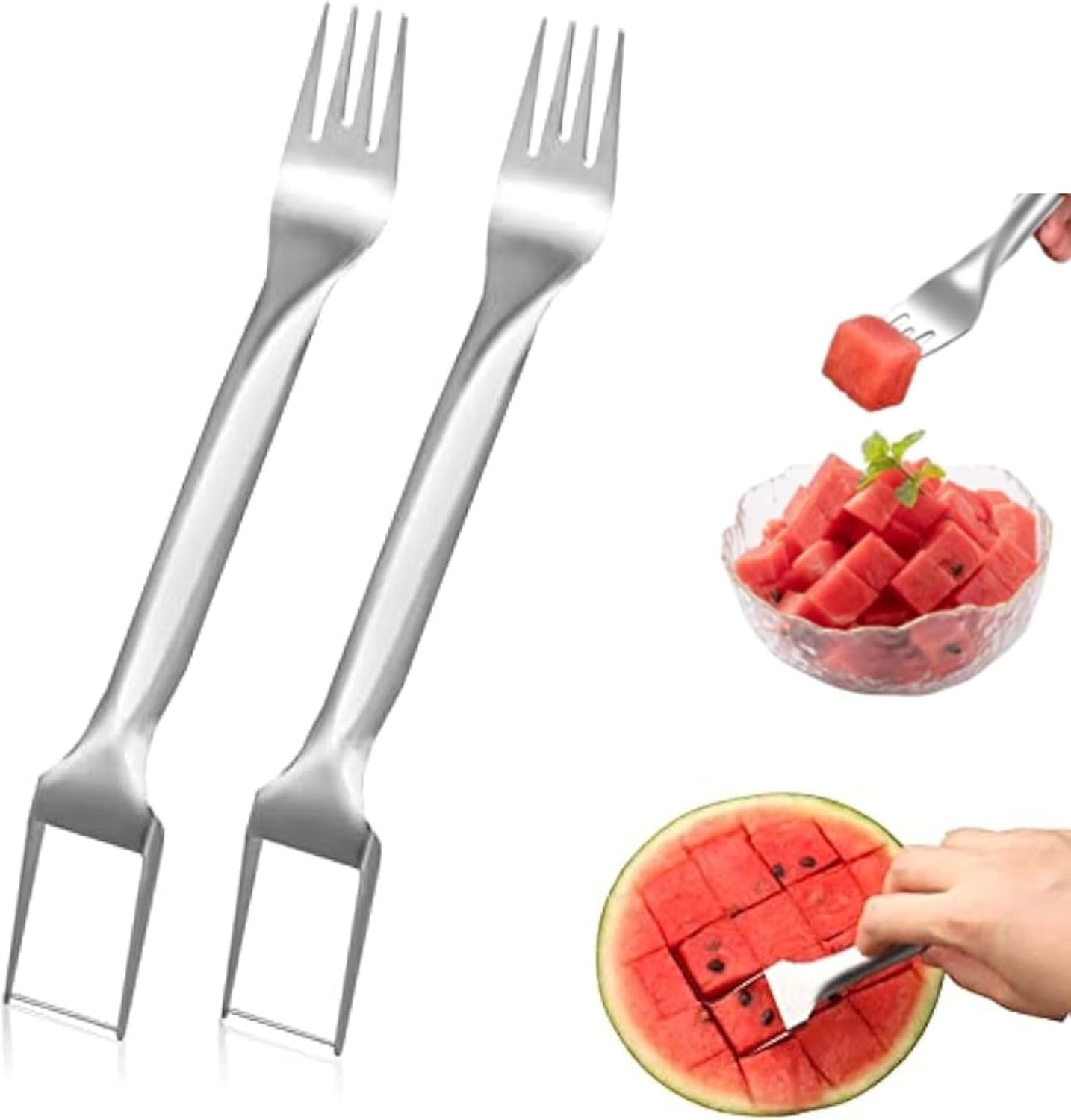 2PCS Watermelon Fork Slicer Cutter, Stainless Steel 2-in-1 Watermelon Fork Slicer, Stainless Steel Fruit Forks Slicer Knife For Family Parties Camping