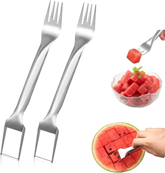 2PCS Watermelon Fork Slicer Cutter, Stainless Steel 2-in-1 Watermelon Fork Slicer, Stainless Steel Fruit Forks Slicer Knife For Family Parties Camping