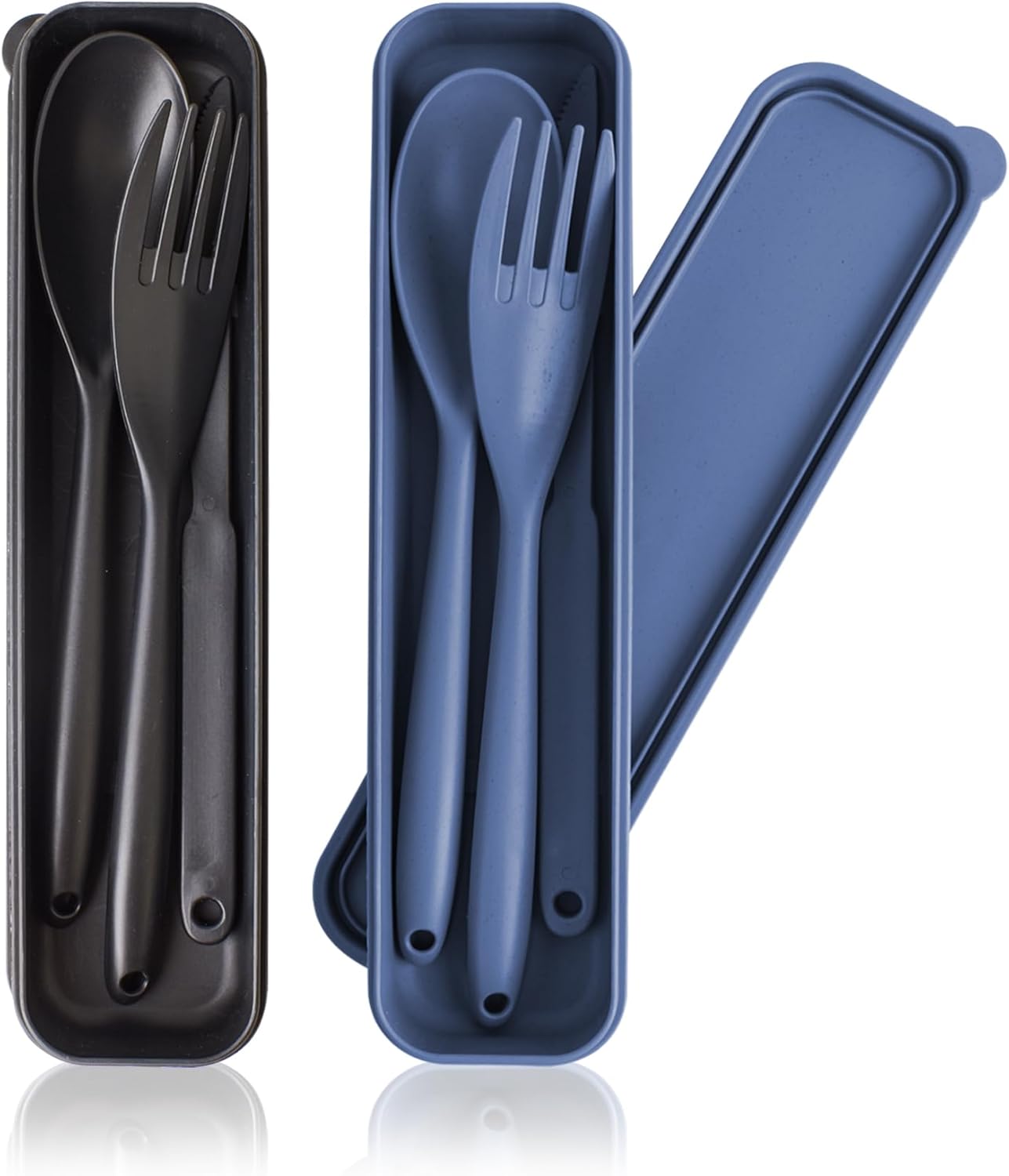Large Reusable Utensil Set with Case, 2 Sets Portable Plastic Spoons Fork Knife Camping Utensils for Lunch Box Accessories for Kids Adults Travel Picnic Camping Daily Use(Blue, Black)