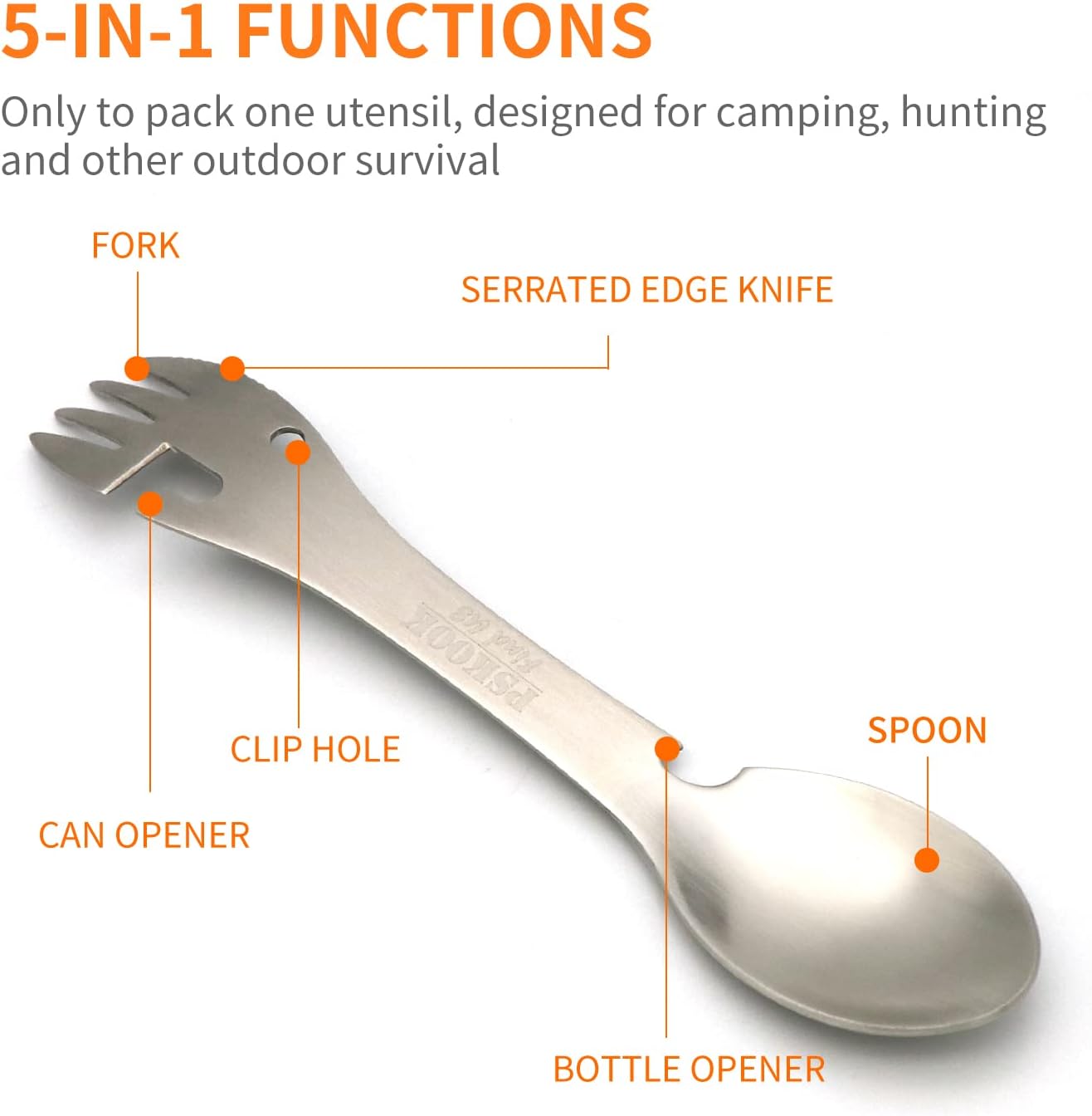 5-in-1 Utility Tactical Spork,  Stainless Steel Spoon & Bottle Opener, Fork & Knife (Matte Silver)
