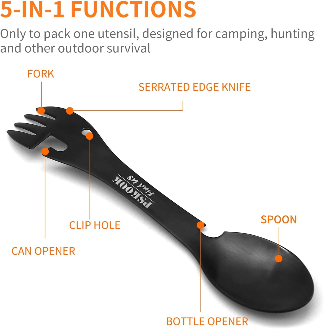 5-in-1 Utility Tactical Spork,  Stainless Steel Spoon & Bottle Opener, Fork & Knife(Black)