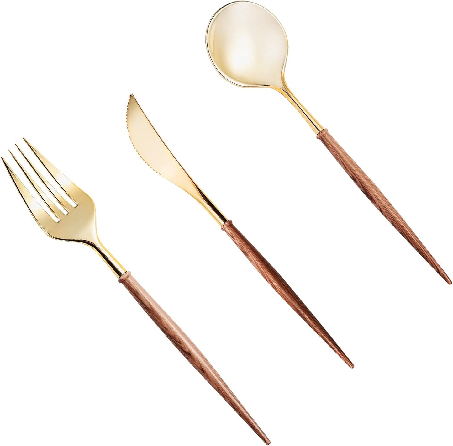 Gold Plastic Silverware, Gold Disposable Cutlery with Wood Grain Handle Include 2 Forks, 2 Spoons, 2 Knives, Elegant Disposable Silverware for Wedding, Party, Gathering, Daily Use