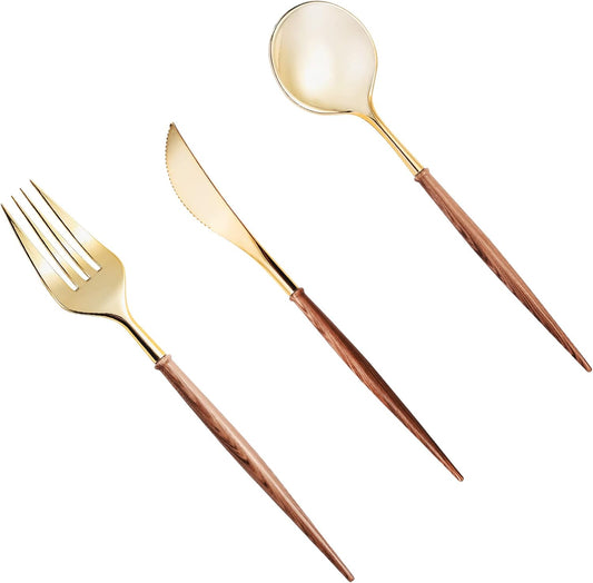 Gold Plastic Silverware, Gold Disposable Cutlery with Wood Grain Handle Include 2 Forks, 2 Spoons, 2 Knives, Elegant Disposable Silverware for Wedding, Party, Gathering, Daily Use