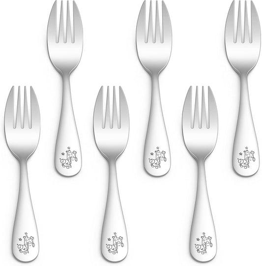 6Pcs Toddler Forks, Stainless Steel Child Cutlery with Rounded Tines, Small Kids Training Forks for Self-Feeding & Dining, Healthy & Sturdy, Mirror Polished & Dishwasher Safe