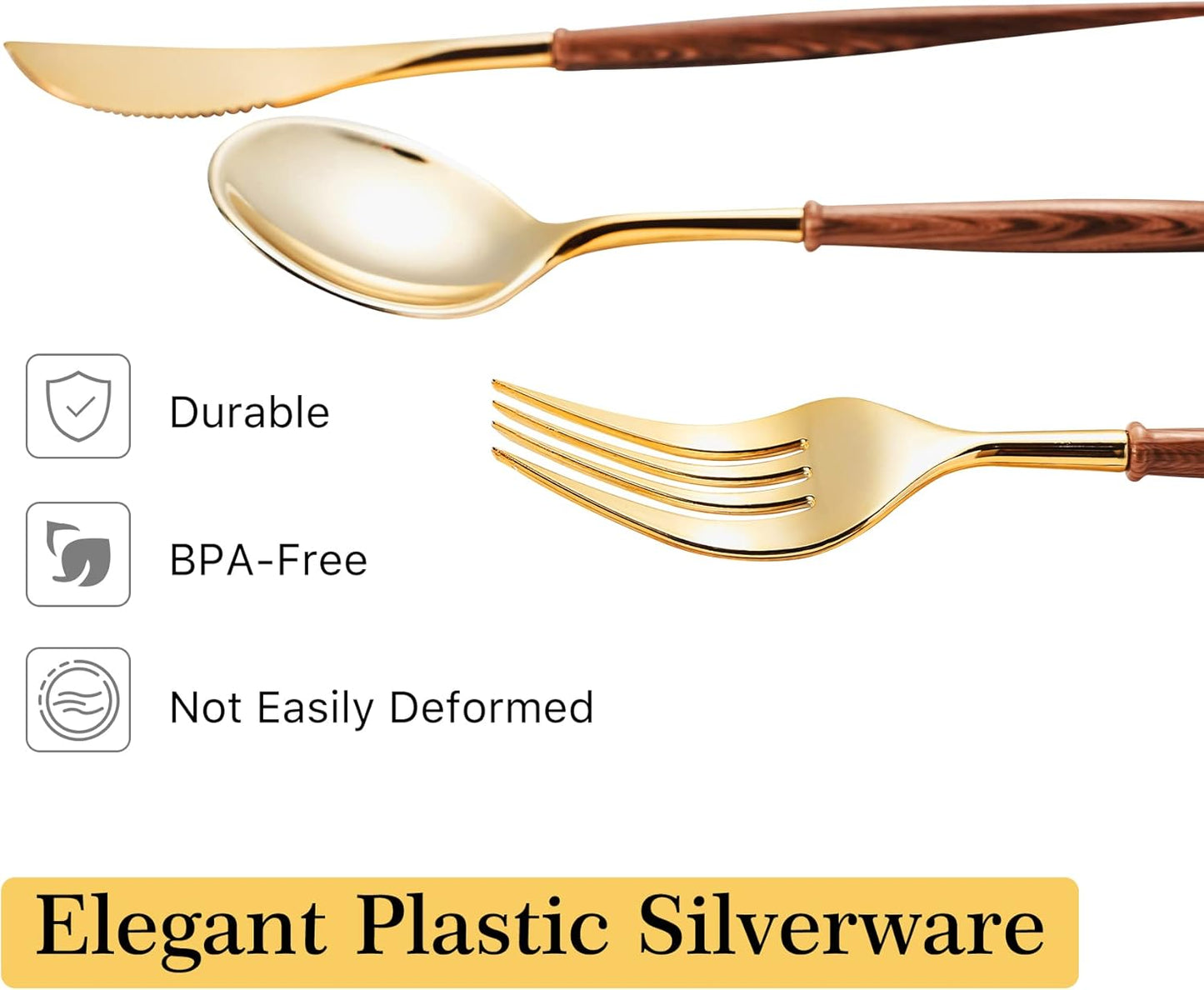 Gold Plastic Silverware, Gold Disposable Cutlery with Wood Grain Handle Include 2 Forks, 2 Spoons, 2 Knives, Elegant Disposable Silverware for Wedding, Party, Gathering, Daily Use