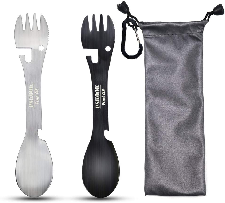 5-in-1 Utility Tactical Spork, 2-Pack Stainless Steel Spoon & Bottle Opener, Fork & Knife(Black & Matte Silver)