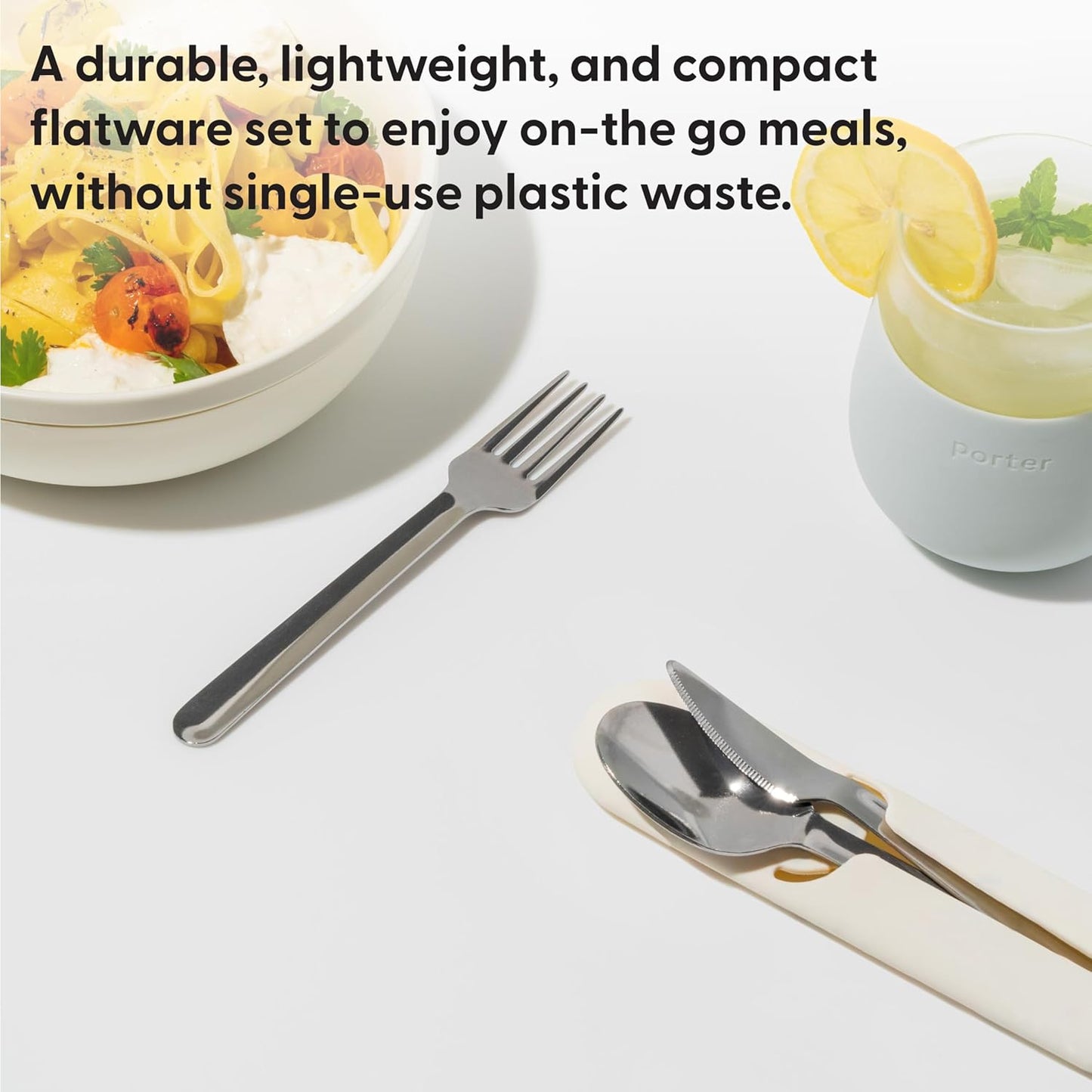 Porter Stainless Steel Utensils with Silicone Carrying Case | Charcoal | Spoon, Fork & Knife for Meals on the Go | Portable and Compact Set