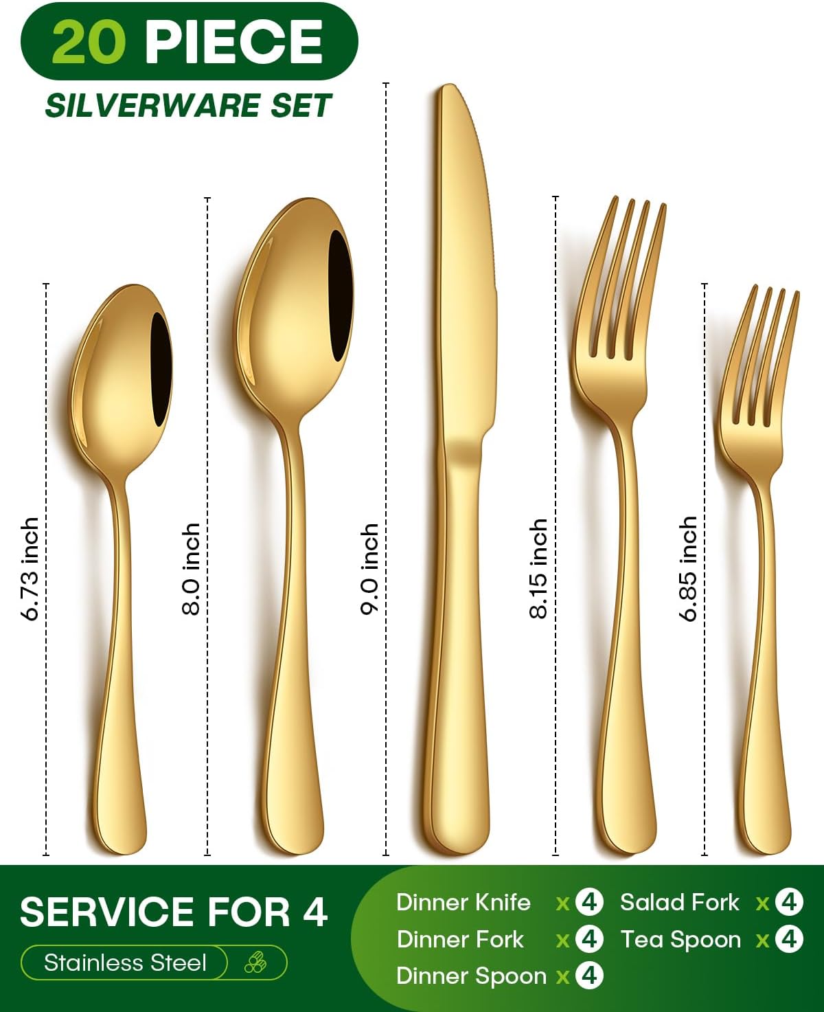 Gold Silverware Set, Stainless Steel Flatware Set for 4 Food Grade Cutlery Utensil Set Include Knife Fork Spoon Mirror Polished Dishwasher Safe