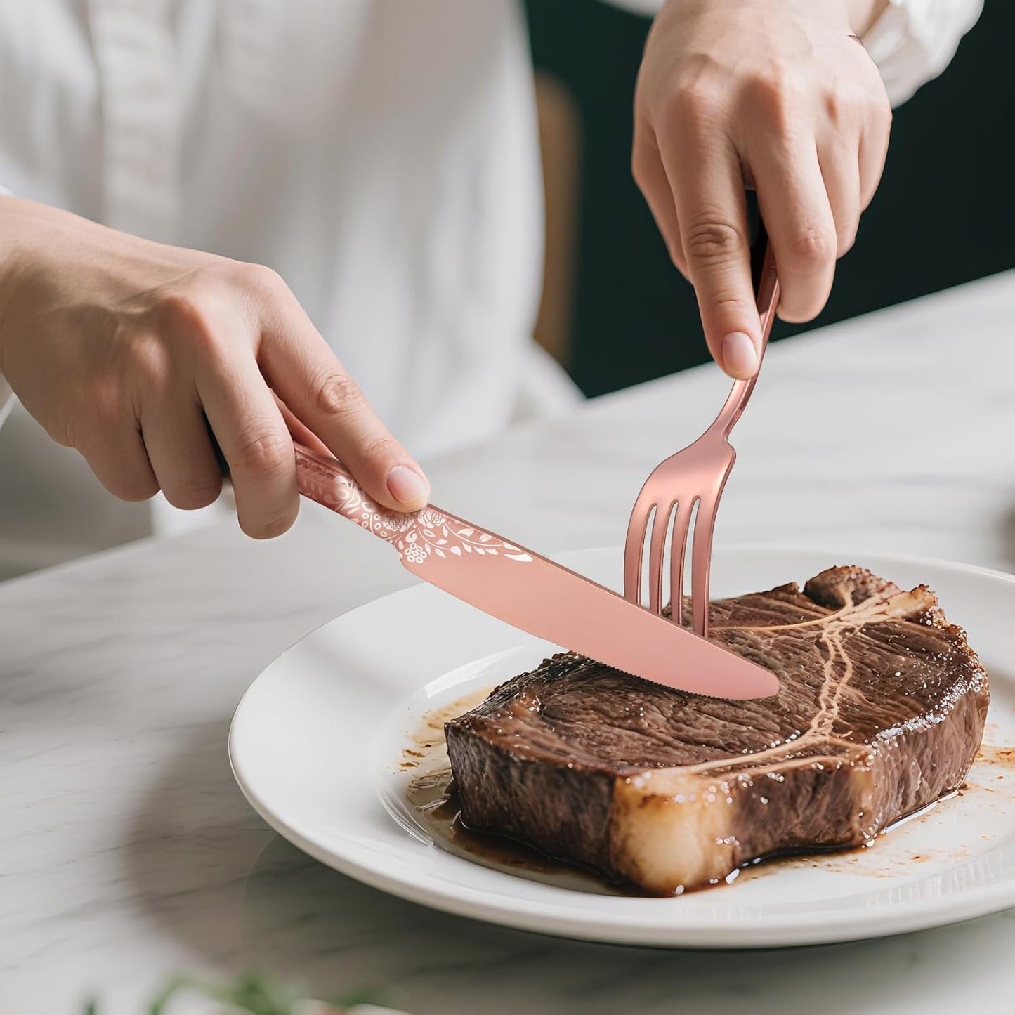 4 Pieces Rose Gold Cutlery Set for 8 People, Stainless Steel Knife and Fork Set with Laser Flower Pattern, Mirror Polished Silverware Set Ideal for Home Party Restaurant, Dishwasher Safe