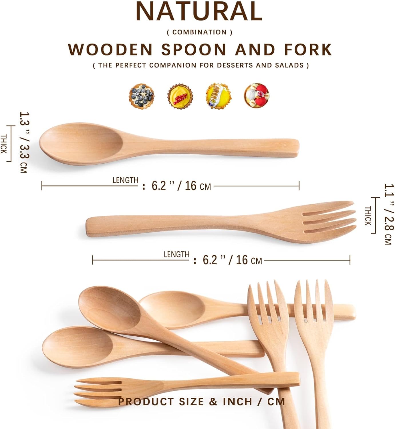 8pcs 6.3inch Schima Wooden Utensil Set Including Spoons and Forks, Reusable Handmade Natural Wooden Cutlery, Sustainable Responsible Wood Flatware Set for Stirring Eating＆Camping
