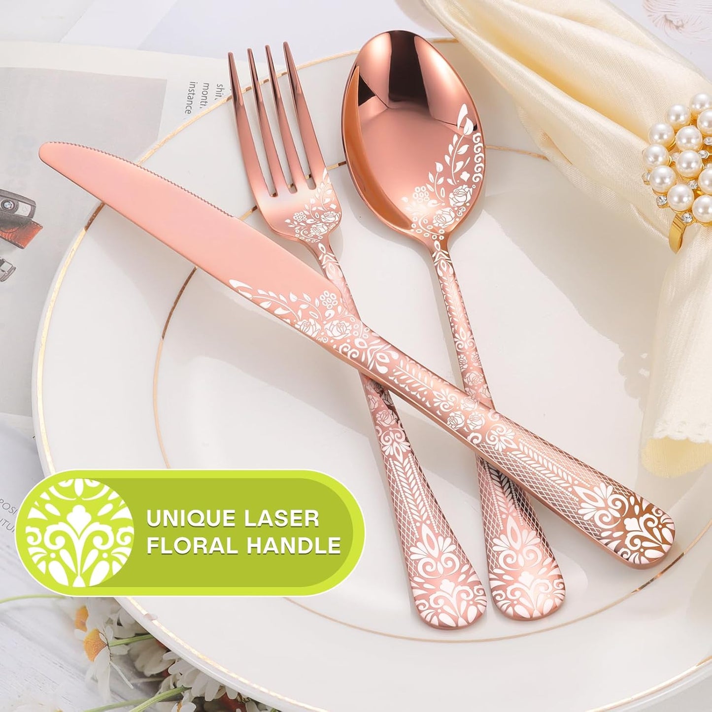 4 Pieces Rose Gold Cutlery Set for 8 People, Stainless Steel Knife and Fork Set with Laser Flower Pattern, Mirror Polished Silverware Set Ideal for Home Party Restaurant, Dishwasher Safe
