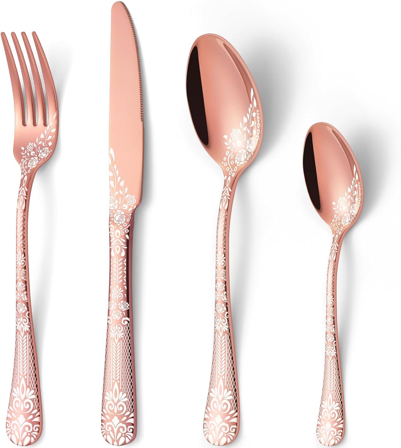 4 Pieces Rose Gold Cutlery Set for 8 People, Stainless Steel Knife and Fork Set with Laser Flower Pattern, Mirror Polished Silverware Set Ideal for Home Party Restaurant, Dishwasher Safe