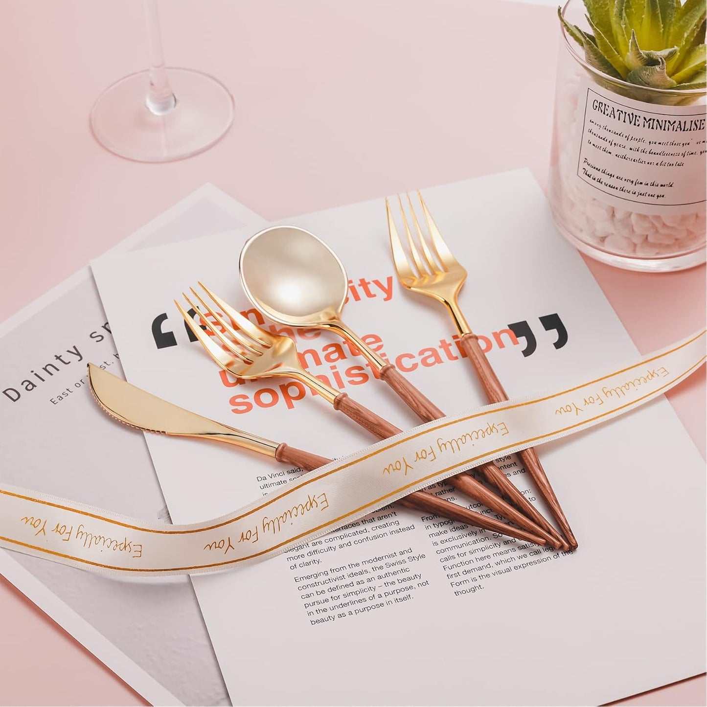 Gold Plastic Silverware, Gold Disposable Cutlery with Wood Grain Handle Include 2 Forks, 2 Spoons, 2 Knives, Elegant Disposable Silverware for Wedding, Party, Gathering, Daily Use