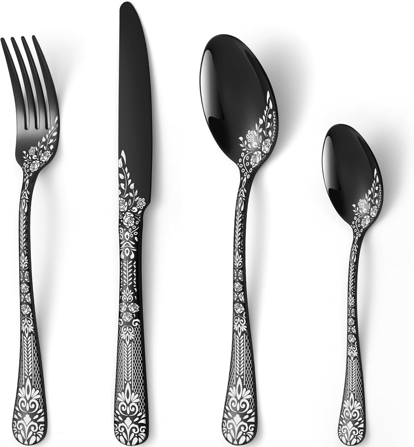 4 Pieces Black Cutlery Set for 4 People, Stainless Steel Knife and Fork Set with Laser Flower Pattern, Mirror Polished Flatware Set Ideal for Home Party Restaurant, Dishwasher Safe