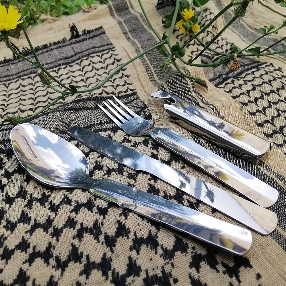 Compact 4 in 1 Utensil Set of Spoon Knife Fork and Bottle Can Opener Combo Military Camping Dinner