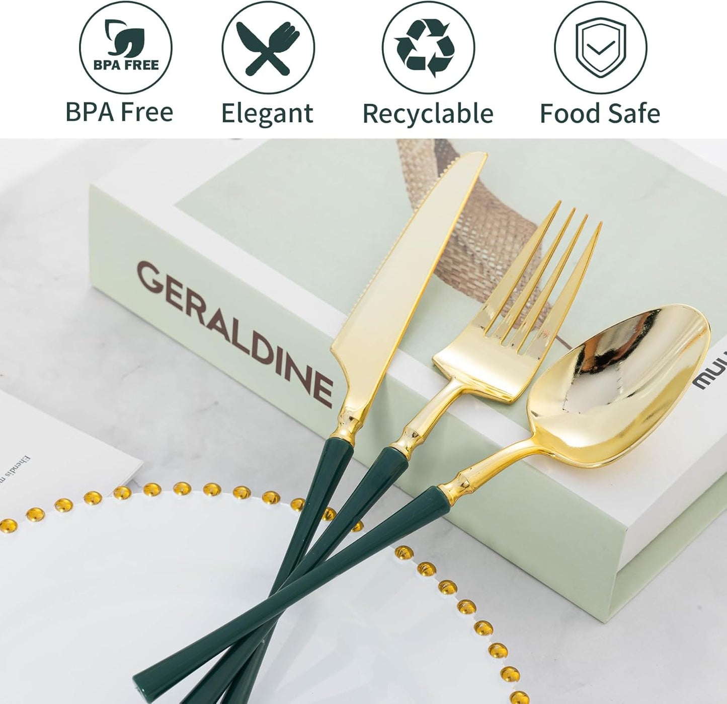 Gold Plastic Silverware, High End Disposable Cutlery with Dark Green Handle Include 50 Forks, 50 Spoons, 50 Knives, Elegant Silverware for Wedding, Party, Gathering and Daily Use