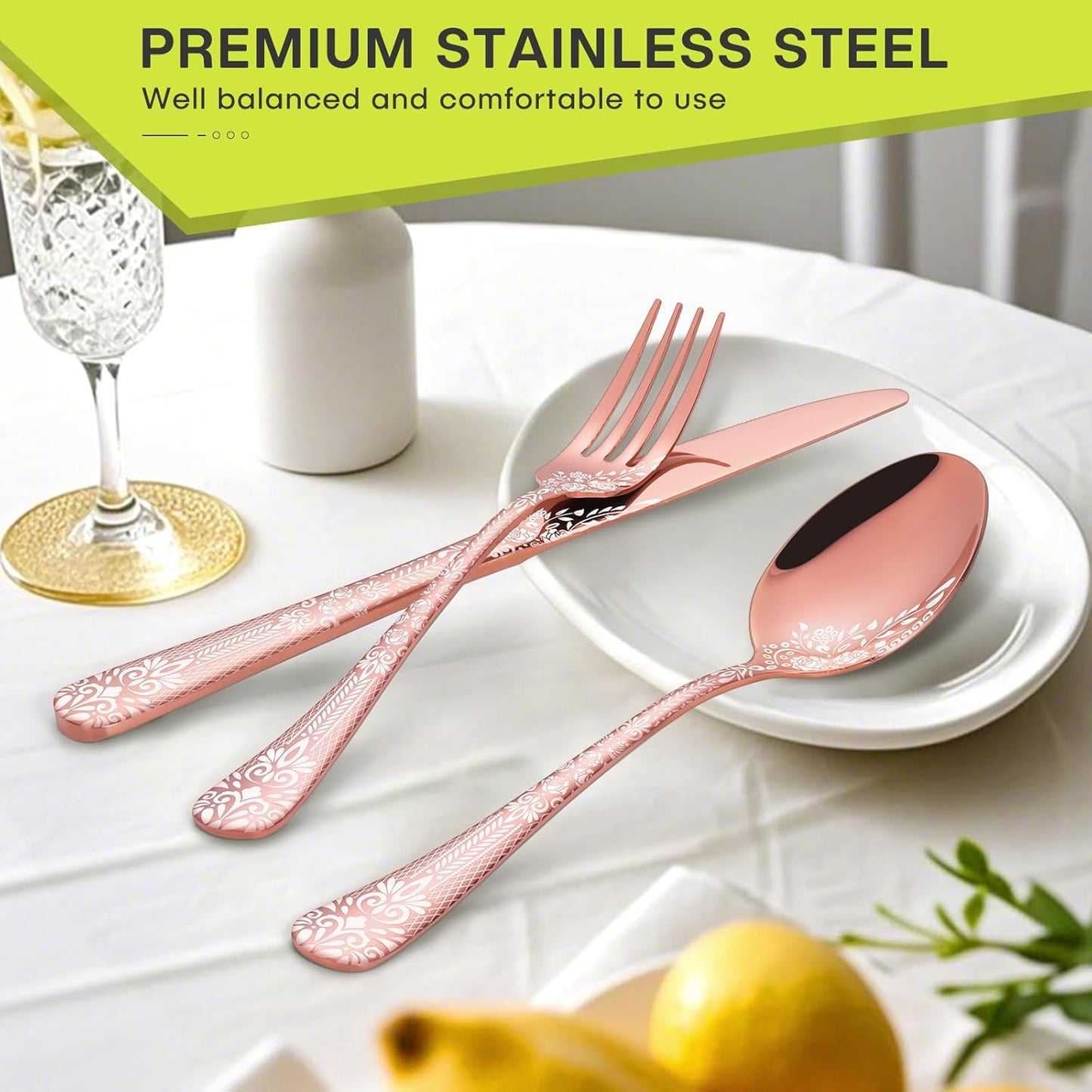 4 Pieces Rose Gold Cutlery Set for 8 People, Stainless Steel Knife and Fork Set with Laser Flower Pattern, Mirror Polished Silverware Set Ideal for Home Party Restaurant, Dishwasher Safe