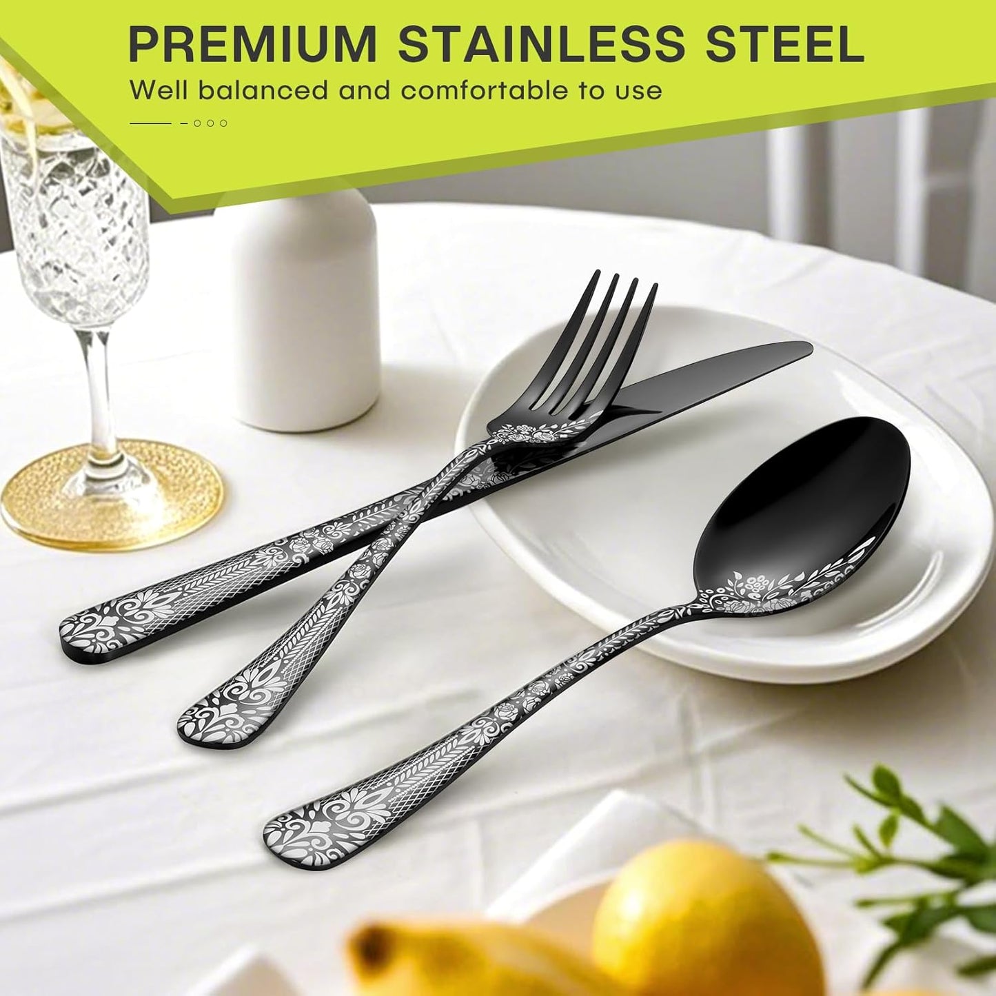 4 Pieces Black Cutlery Set for 4 People, Stainless Steel Knife and Fork Set with Laser Flower Pattern, Mirror Polished Flatware Set Ideal for Home Party Restaurant, Dishwasher Safe