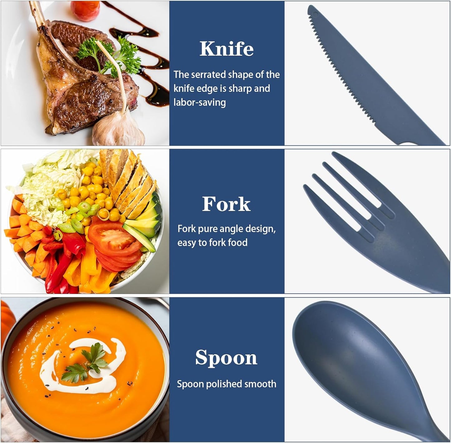 Large Reusable Utensil Set with Case, 2 Sets Portable Plastic Spoons Fork Knife Camping Utensils for Lunch Box Accessories for Kids Adults Travel Picnic Camping Daily Use(Blue, Black)