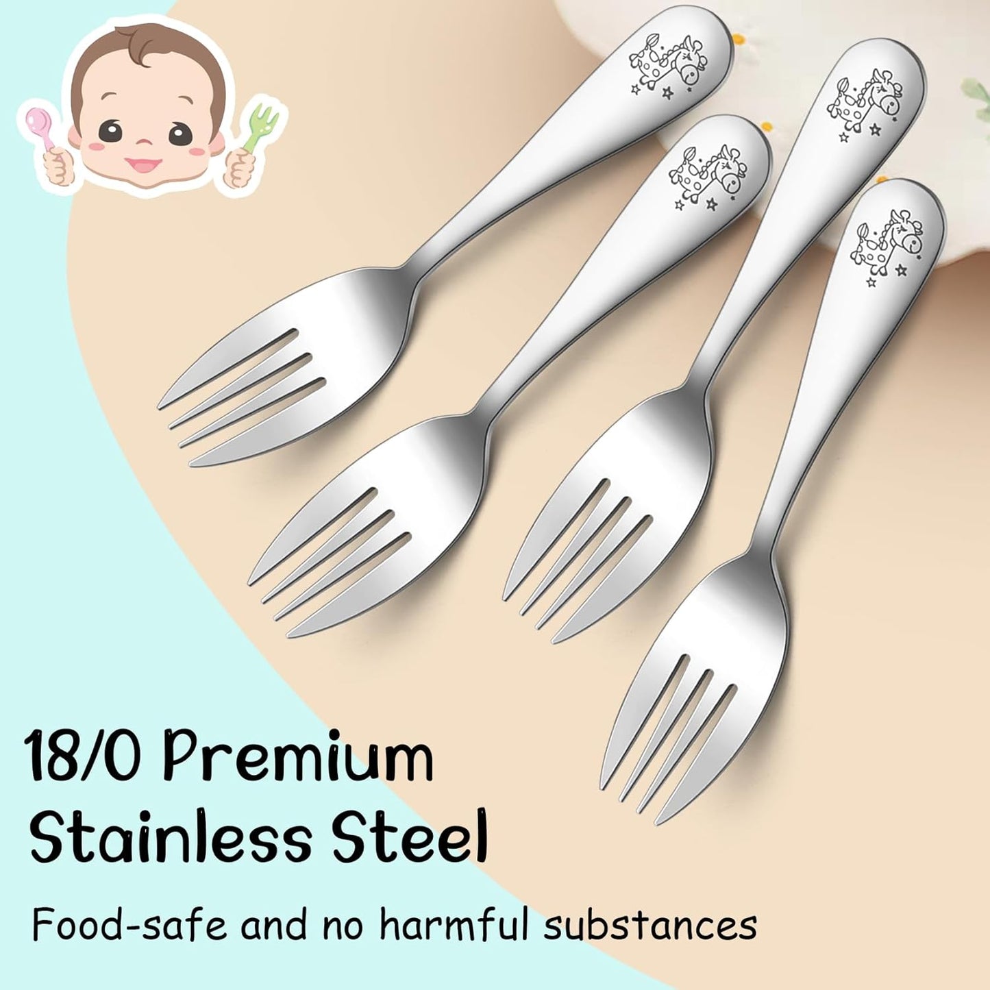 6Pcs Toddler Forks, Stainless Steel Child Cutlery with Rounded Tines, Small Kids Training Forks for Self-Feeding & Dining, Healthy & Sturdy, Mirror Polished & Dishwasher Safe