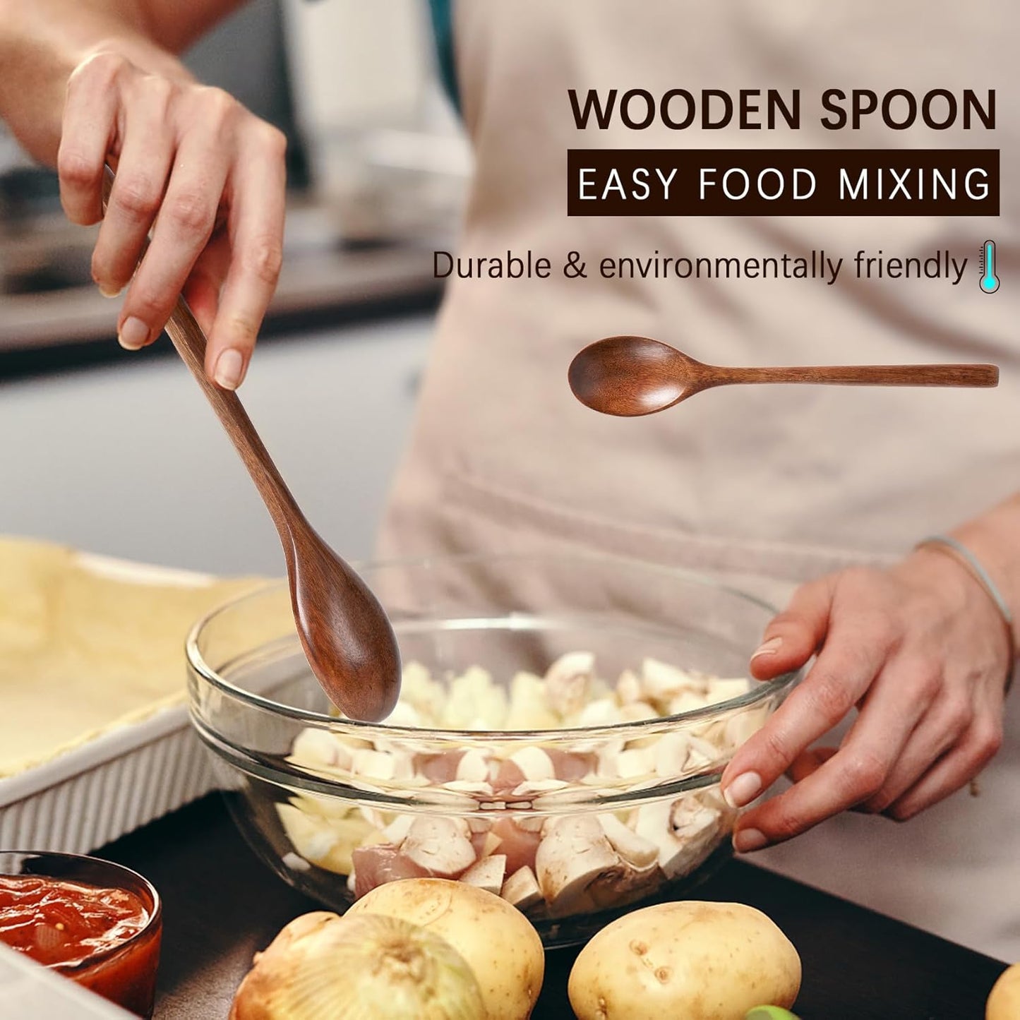 7PCS Wooden Spoons for Eating, 9.3Inch Large Wooden Ladles for Mixing Stirring Tasting and Baking, Extra Long Handle Spoons for Serving Pasta and Big Bulk Cooking Utensils Set