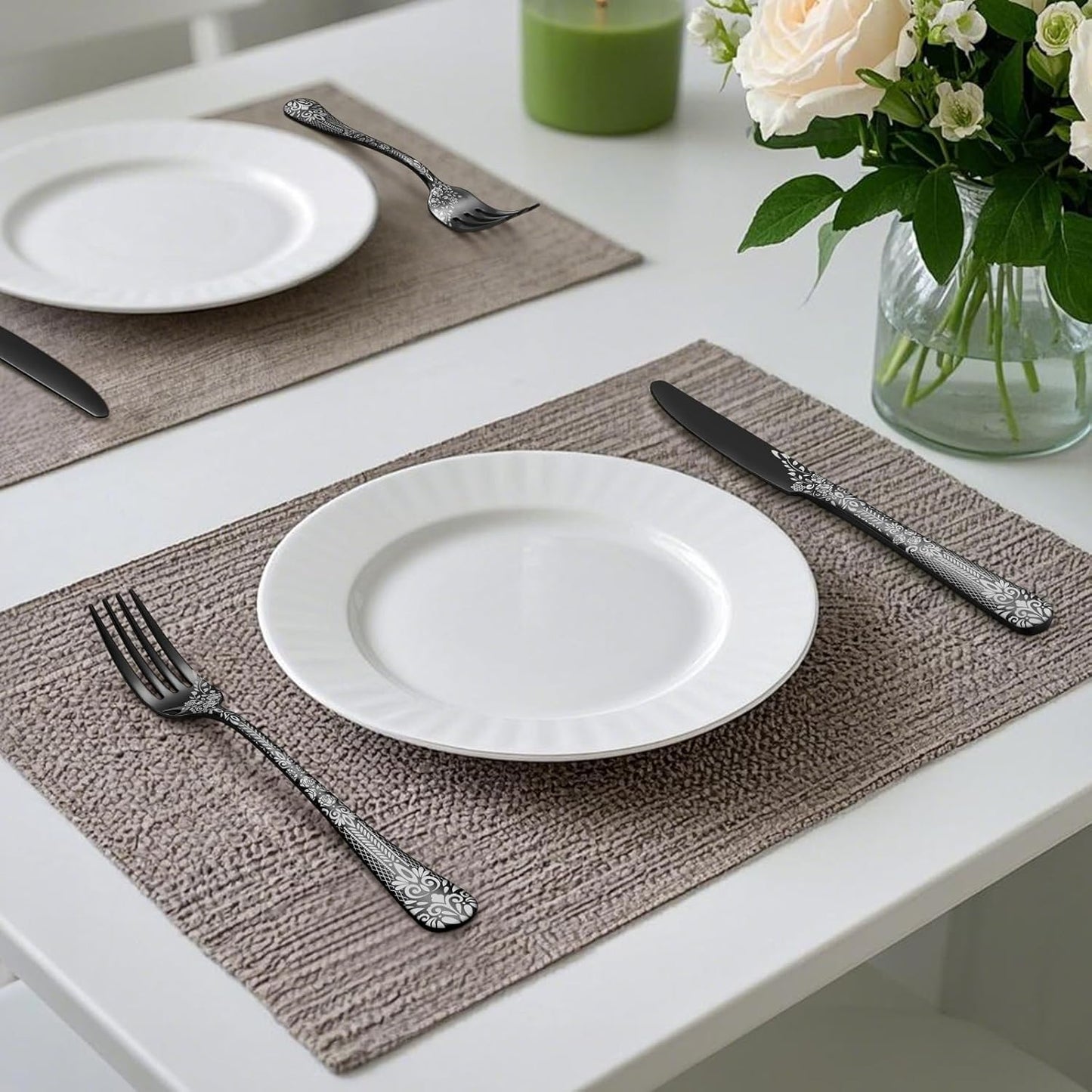 4 Pieces Black Cutlery Set for 4 People, Stainless Steel Knife and Fork Set with Laser Flower Pattern, Mirror Polished Flatware Set Ideal for Home Party Restaurant, Dishwasher Safe