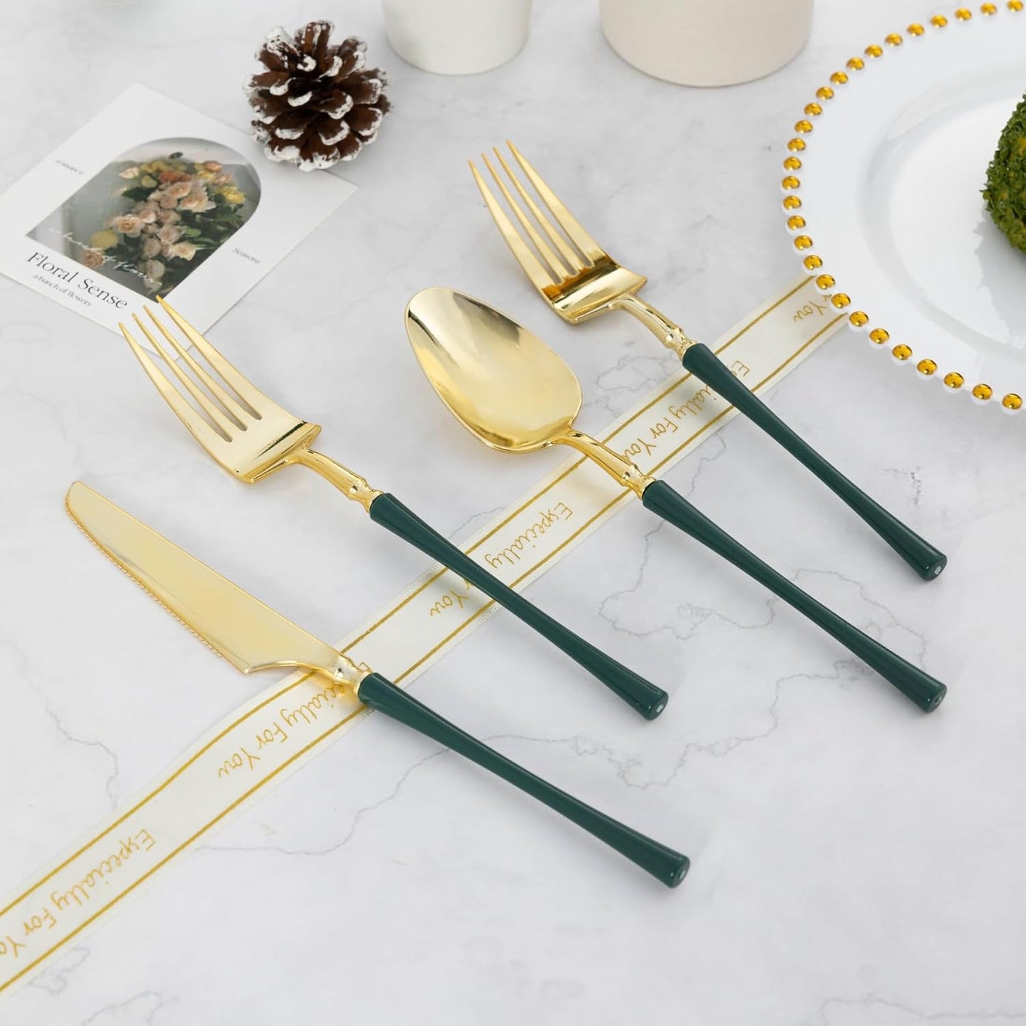 Gold Plastic Silverware, High End Disposable Cutlery with Dark Green Handle Include 50 Forks, 50 Spoons, 50 Knives, Elegant Silverware for Wedding, Party, Gathering and Daily Use