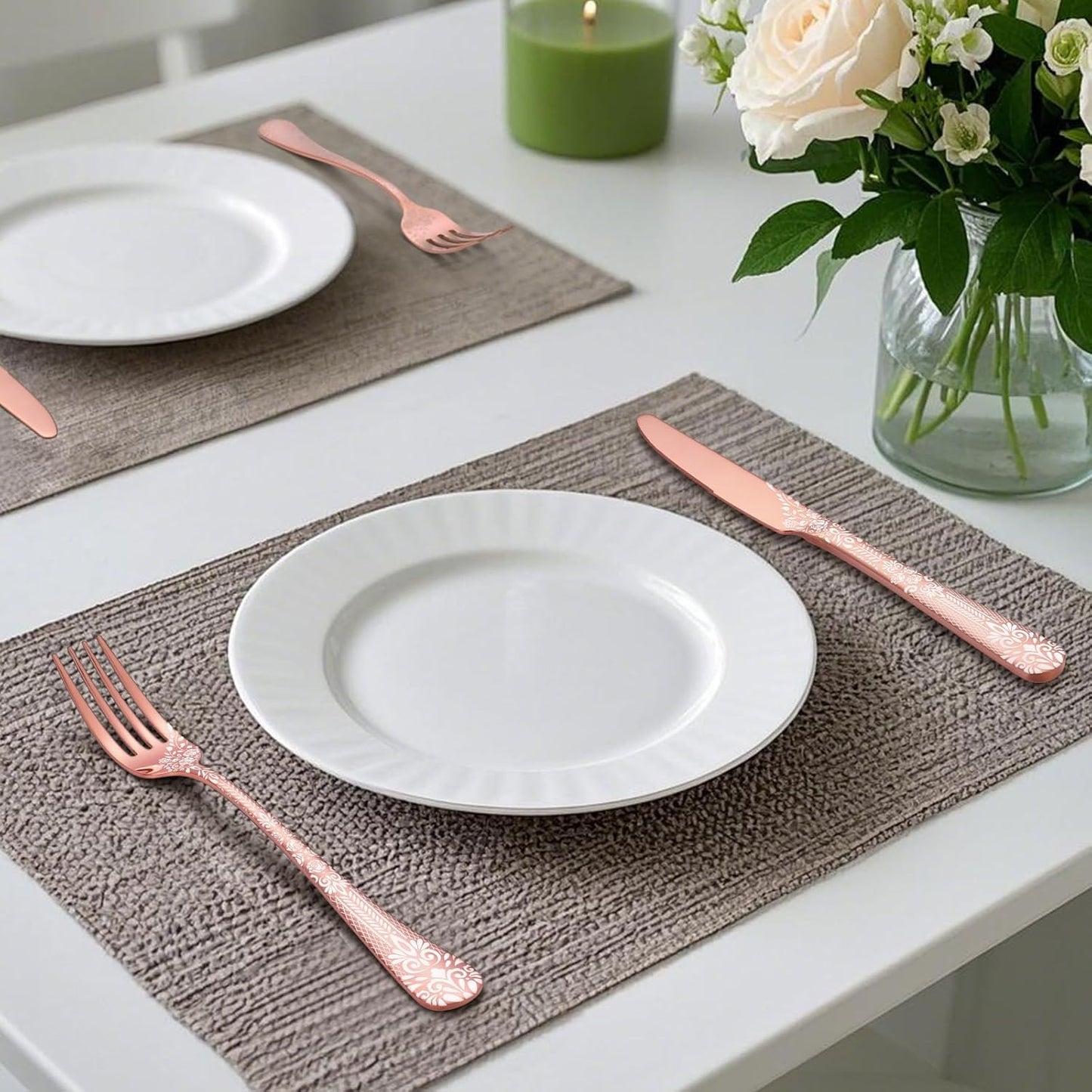 4 Pieces Rose Gold Cutlery Set for 8 People, Stainless Steel Knife and Fork Set with Laser Flower Pattern, Mirror Polished Silverware Set Ideal for Home Party Restaurant, Dishwasher Safe