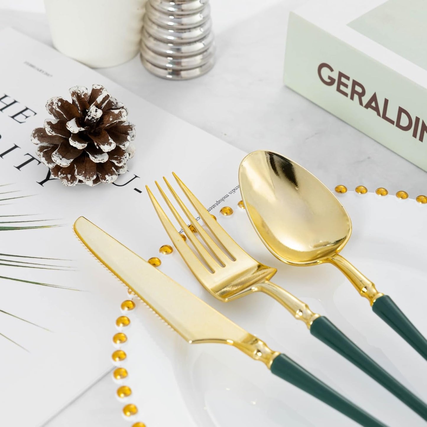 Gold Plastic Silverware, High End Disposable Cutlery with Dark Green Handle Include 50 Forks, 50 Spoons, 50 Knives, Elegant Silverware for Wedding, Party, Gathering and Daily Use