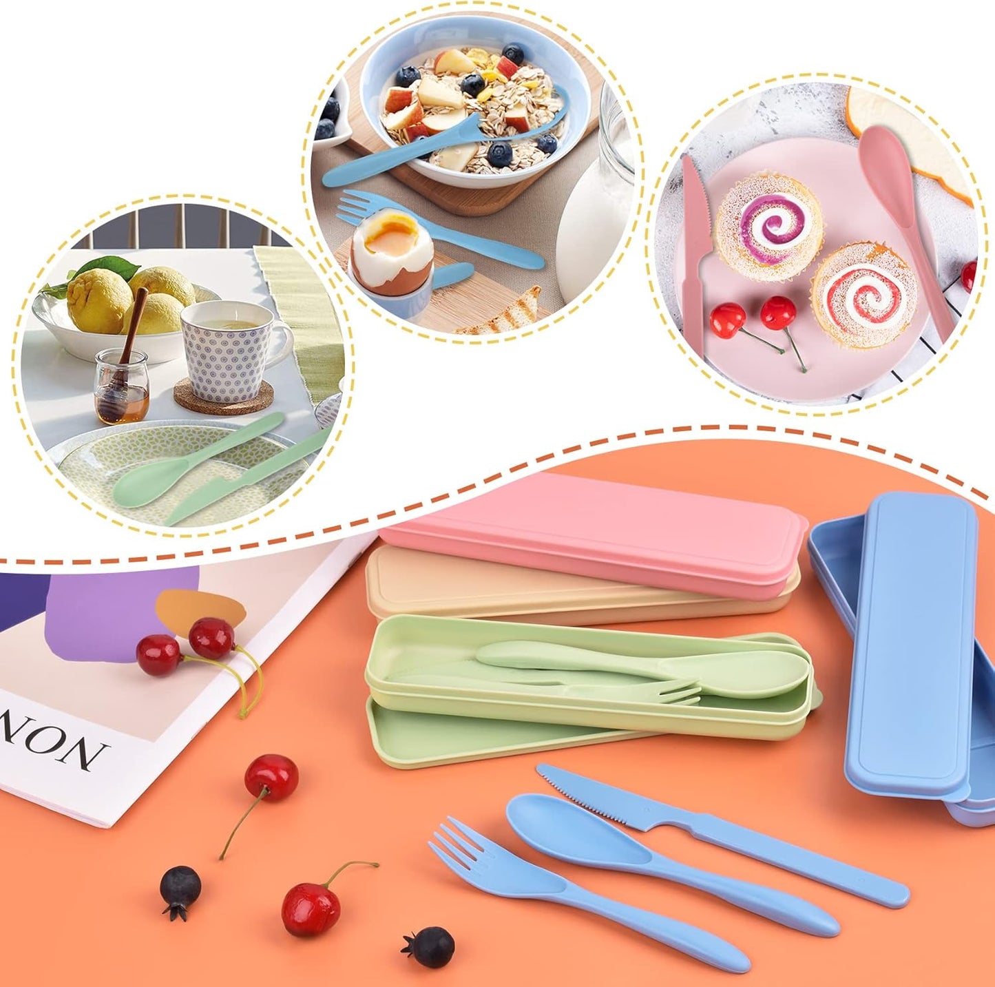 4 Sets Reusable Plastic Travel Utensils with Case, Portable Travel Cutlery Spoon and Fork Set with Case Flatware for Lunch Box Office Kitchen Picnic Camping Daily Use, Lunch Accessories for Adults