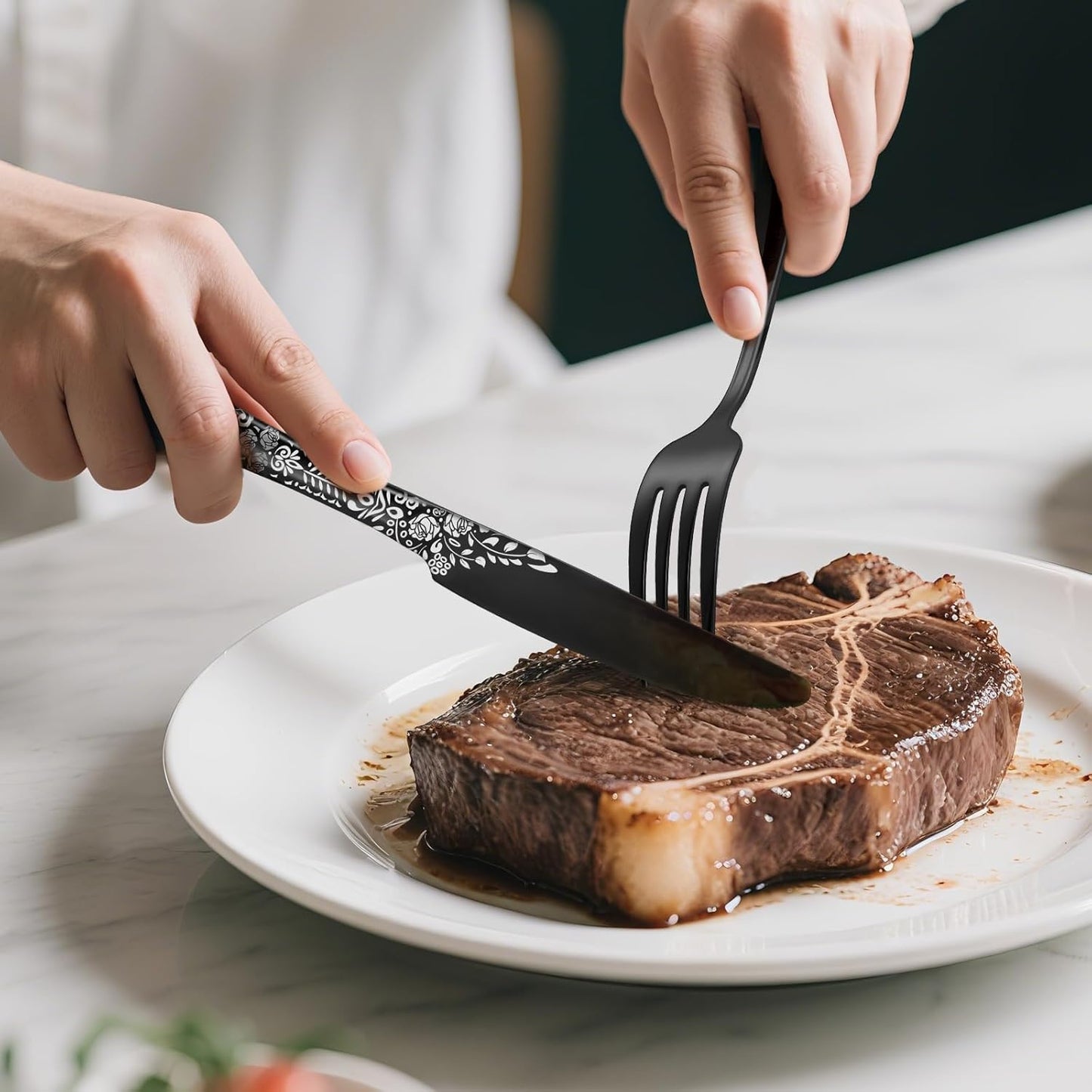 4 Pieces Black Cutlery Set for 4 People, Stainless Steel Knife and Fork Set with Laser Flower Pattern, Mirror Polished Flatware Set Ideal for Home Party Restaurant, Dishwasher Safe
