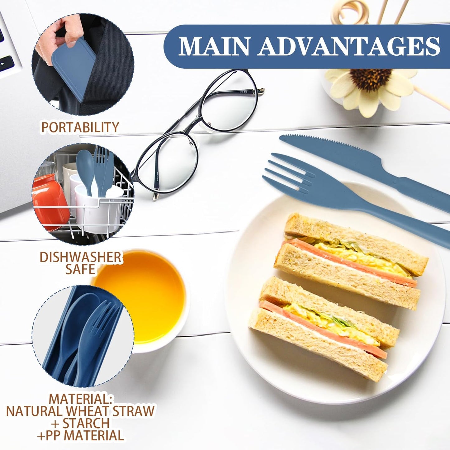 Large Reusable Utensil Set with Case, 2 Sets Portable Plastic Spoons Fork Knife Camping Utensils for Lunch Box Accessories for Kids Adults Travel Picnic Camping Daily Use(Blue, Black)