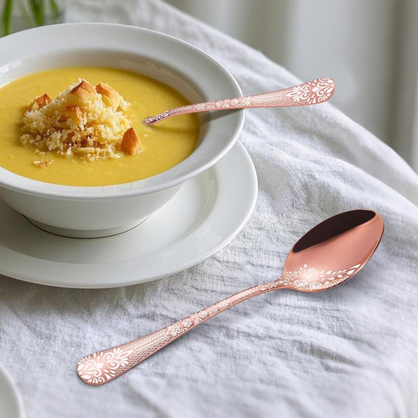 4 Pieces Rose Gold Cutlery Set for 8 People, Stainless Steel Knife and Fork Set with Laser Flower Pattern, Mirror Polished Silverware Set Ideal for Home Party Restaurant, Dishwasher Safe