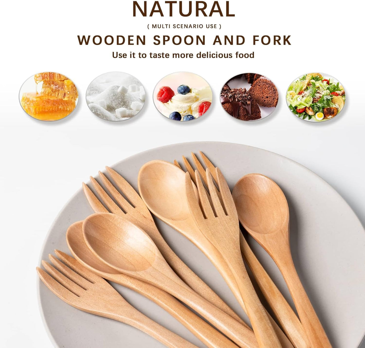 8pcs 6.3inch Schima Wooden Utensil Set Including Spoons and Forks, Reusable Handmade Natural Wooden Cutlery, Sustainable Responsible Wood Flatware Set for Stirring Eating＆Camping