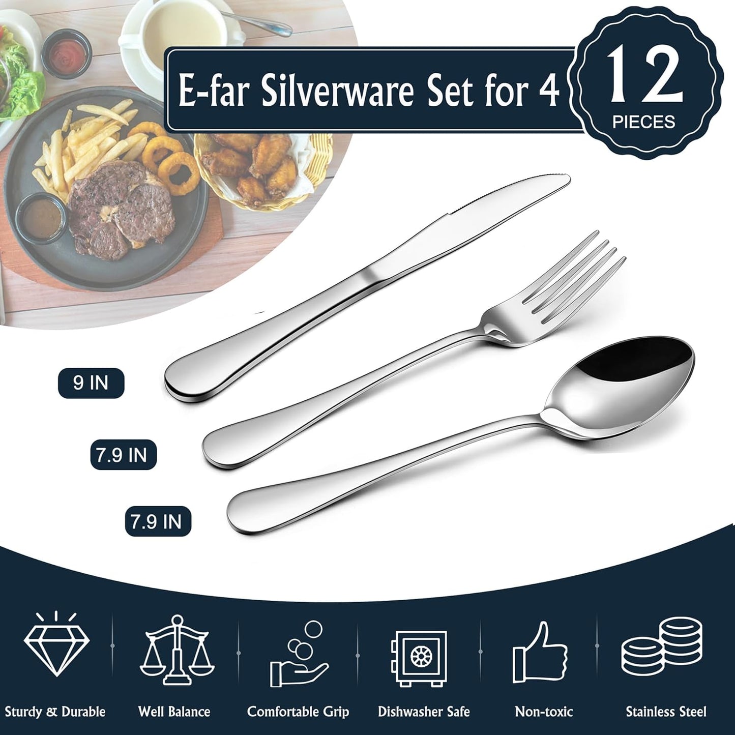 Forks Spoons and Knives Set for 4, 12 Pieces Stainless Steel Silverware Set, Food Grade Flatware Cutlery Set for Home Kitchen Restaurant, Mirror Finish, Dishwasher Safe