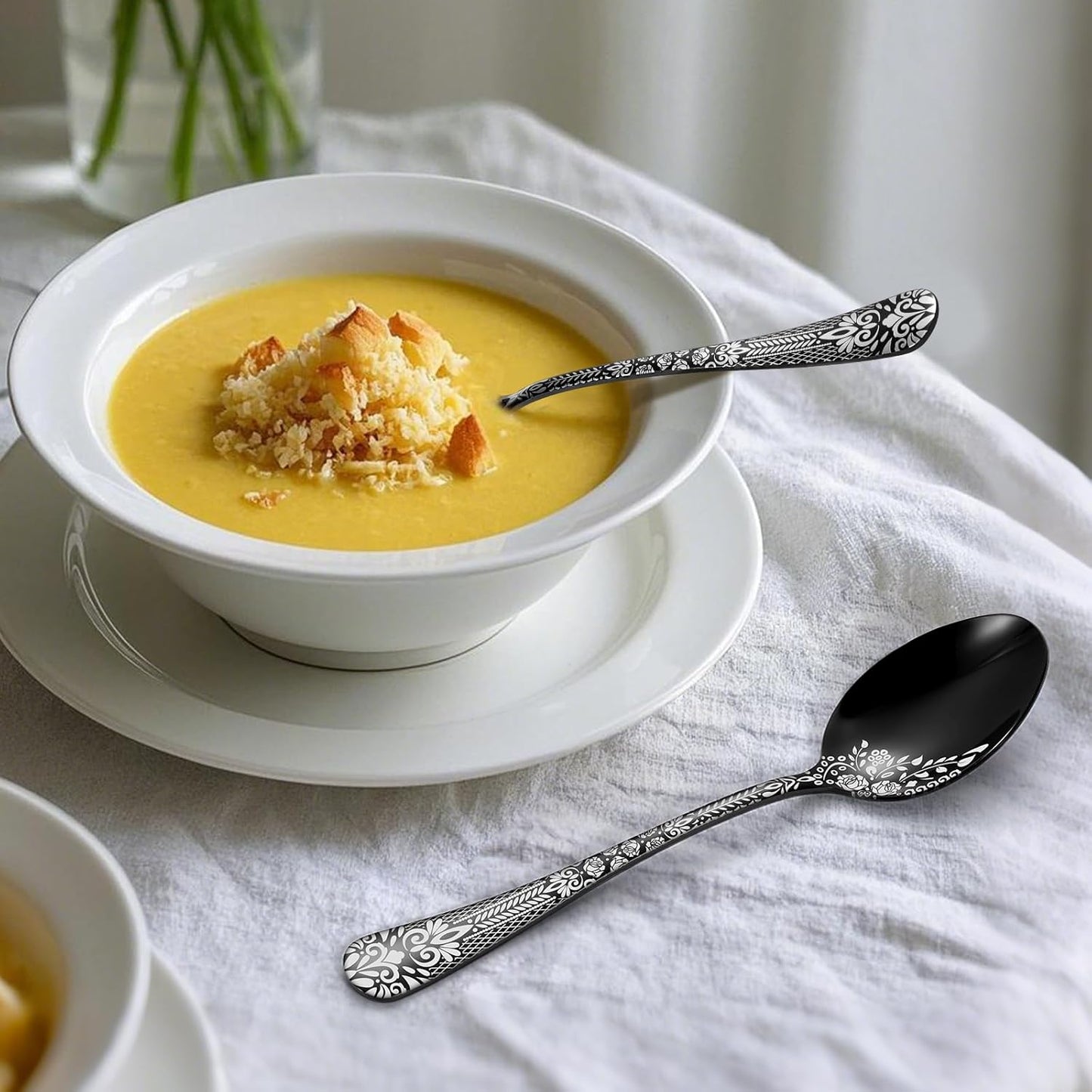 4 Pieces Black Cutlery Set for 4 People, Stainless Steel Knife and Fork Set with Laser Flower Pattern, Mirror Polished Flatware Set Ideal for Home Party Restaurant, Dishwasher Safe