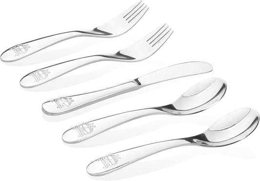 Kids Stainless Steel Utensil Set | Premium 304 (18/8) | Fun Fire Truck Design | 5-Piece Set: 2 Spoons, 2 Forks & 1 Butter Knife | Safe & Durable for Toddlers and Children