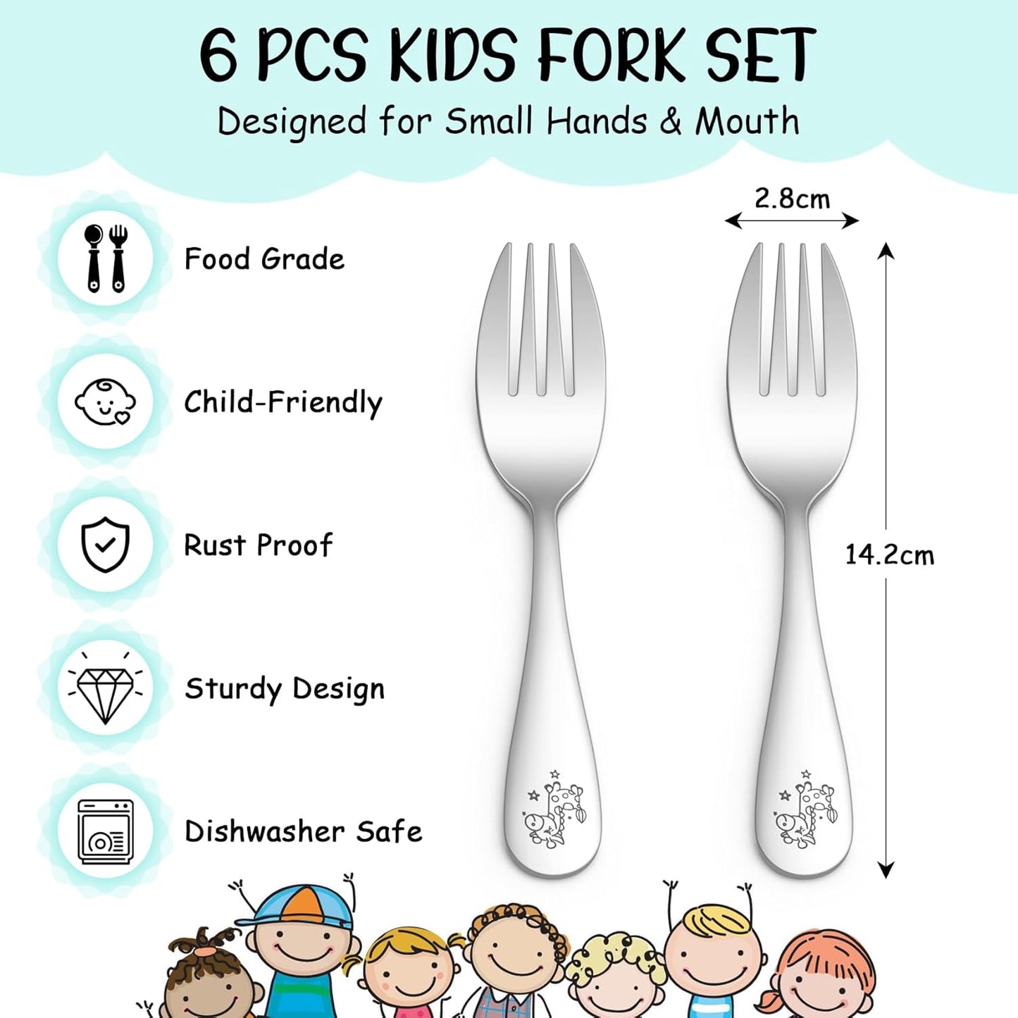 6Pcs Toddler Forks, Stainless Steel Child Cutlery with Rounded Tines, Small Kids Training Forks for Self-Feeding & Dining, Healthy & Sturdy, Mirror Polished & Dishwasher Safe