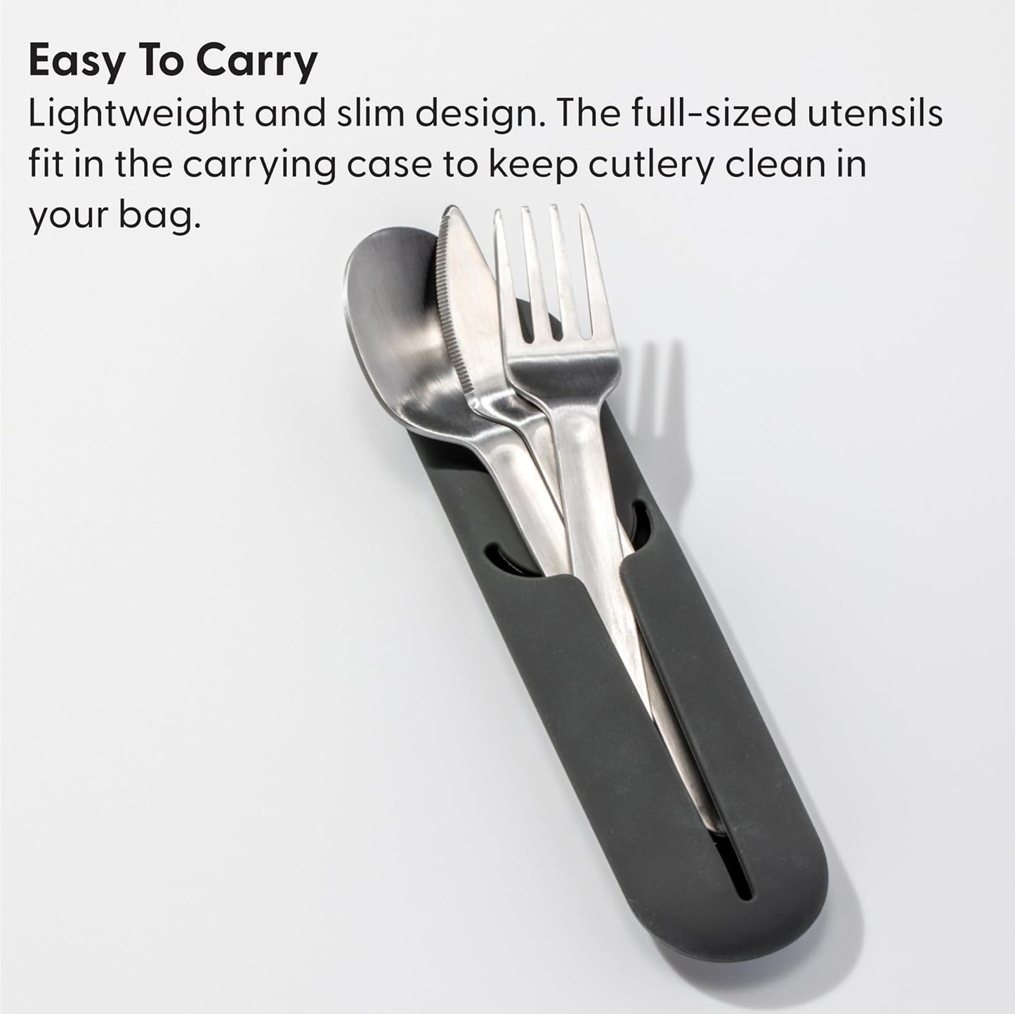 Porter Stainless Steel Utensils with Silicone Carrying Case | Charcoal | Spoon, Fork & Knife for Meals on the Go | Portable and Compact Set