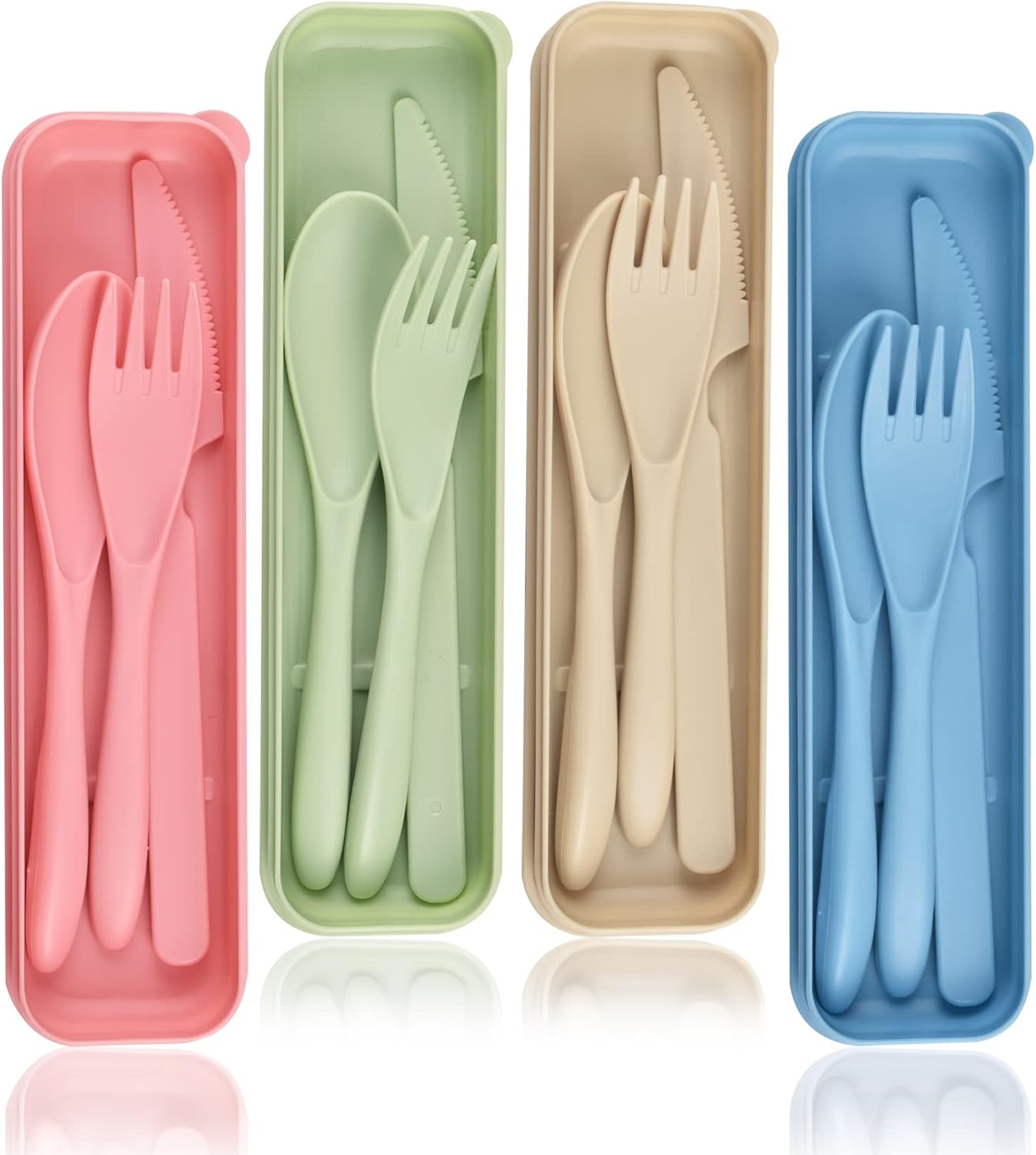 4 Sets Reusable Plastic Travel Utensils with Case, Portable Travel Cutlery Spoon and Fork Set with Case Flatware for Lunch Box Office Kitchen Picnic Camping Daily Use, Lunch Accessories for Adults