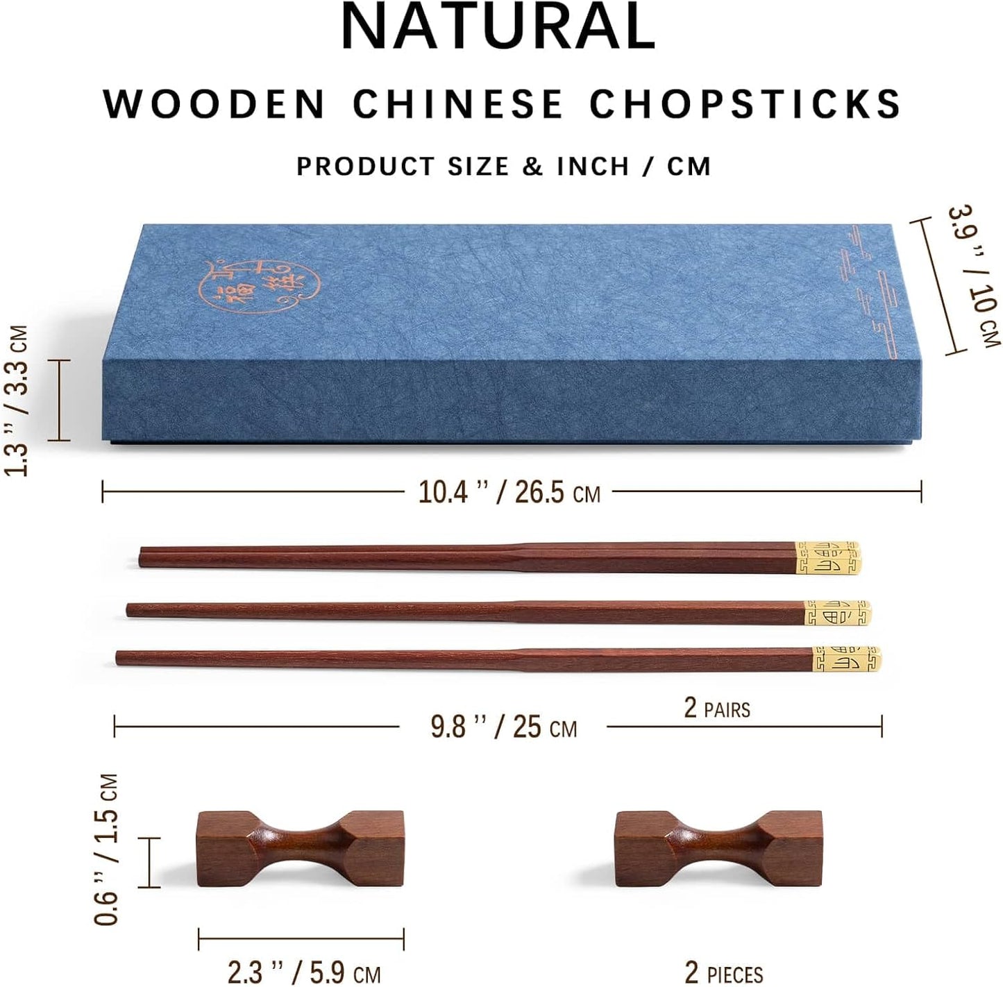 2 Pairs of 9.2 Inch Reusable Chopsticks,Square-shaped Rest + Gold Fortune-tip Grooved Chop Sticks, Wood Reusable Chopsticks for Adults, Chinese Wooden Chopstick for Eating & Rests Present Set