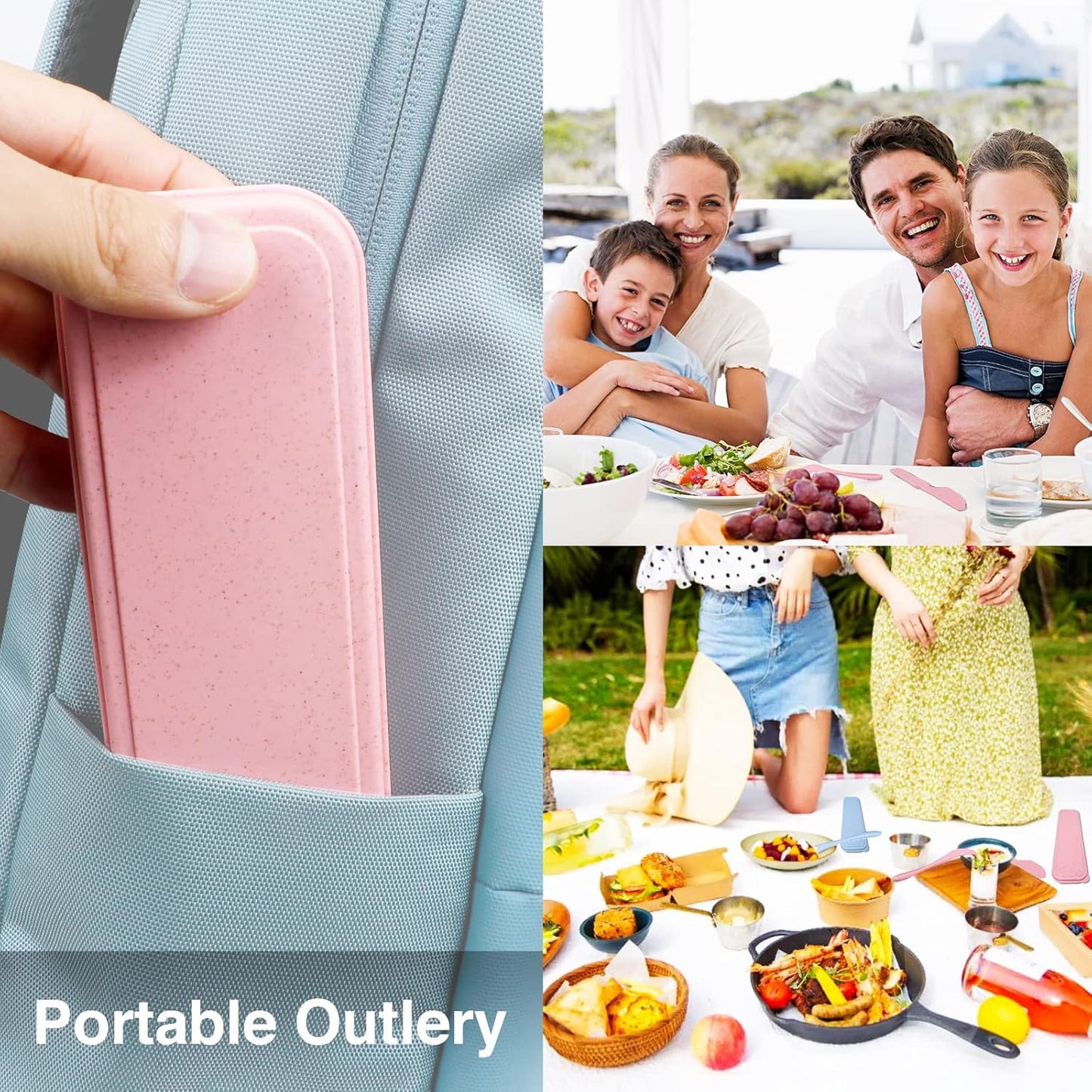 Reusable Travel Utensils Set with Case, Blue Wheat Straw Portable Knife Fork Spoons Tableware, Eco-Friendly BPA Free Cutlery for Kids and Adults as Travel Picnic Camping Utensils