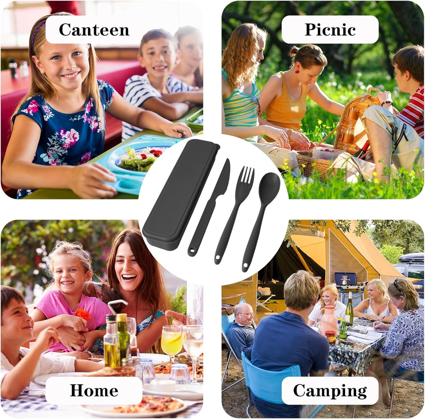 Large Reusable Utensil Set with Case, 2 Sets Portable Plastic Spoons Fork Knife Camping Utensils for Lunch Box Accessories for Kids Adults Travel Picnic Camping Daily Use(Blue, Black)