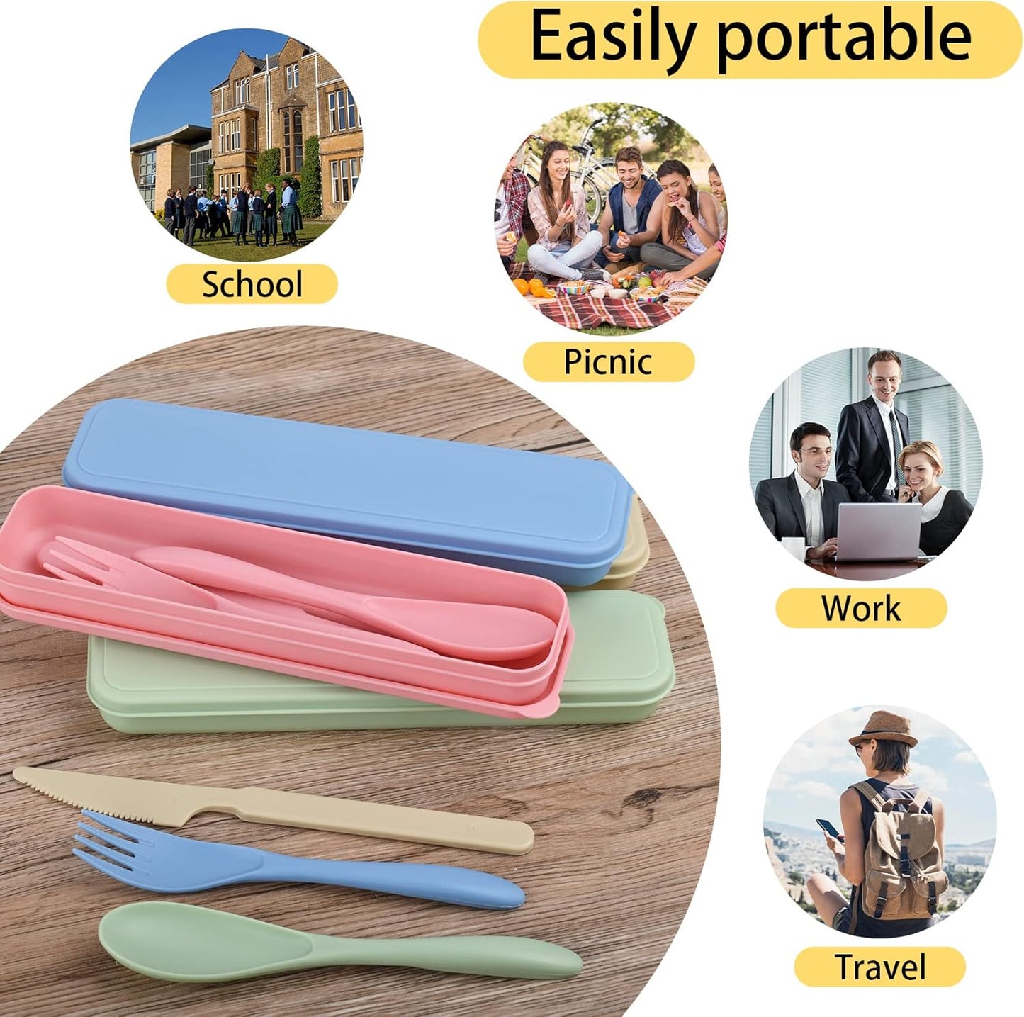 4 Sets Reusable Plastic Travel Utensils with Case, Portable Travel Cutlery Spoon and Fork Set with Case Flatware for Lunch Box Office Kitchen Picnic Camping Daily Use, Lunch Accessories for Adults